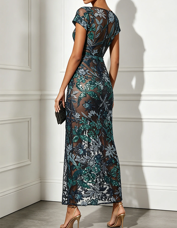 Vestido de noche ajustado de tul bordado con lentejuelas inspirado en la jungla