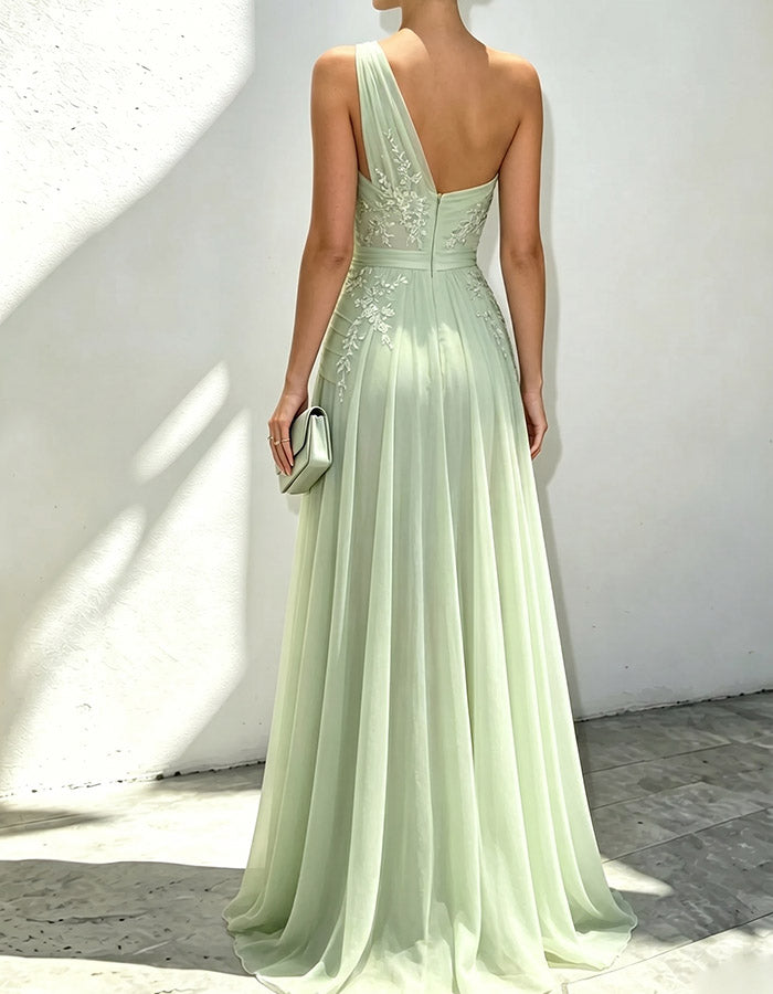 Vestido Maxi de Chiffon Verde-Sálvia com Um Ombro e Contas
