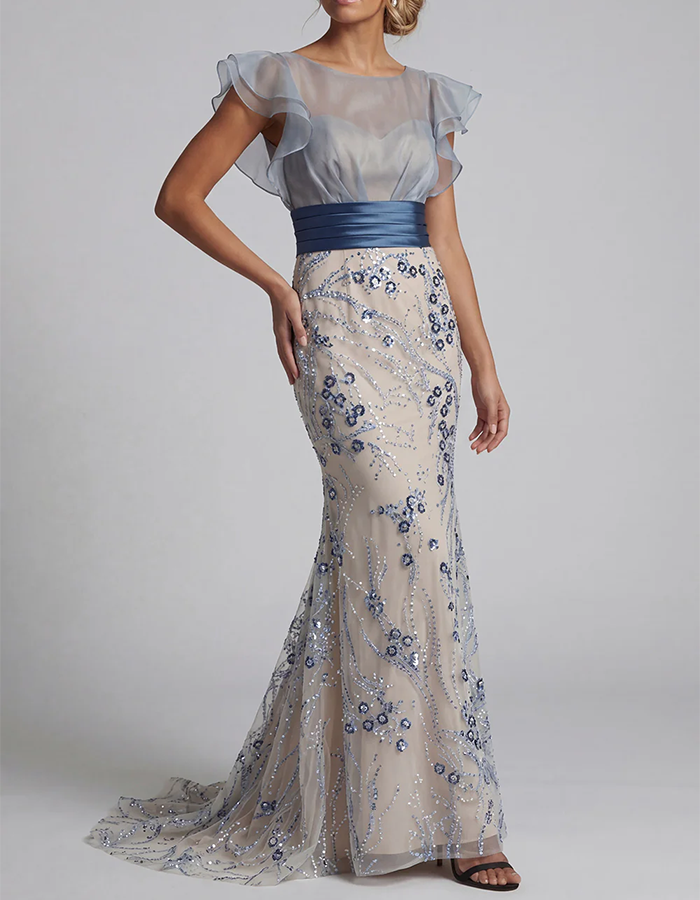 Dusty Blue Illusion Neck & Beaded Floral Mermaid Maxi Dress