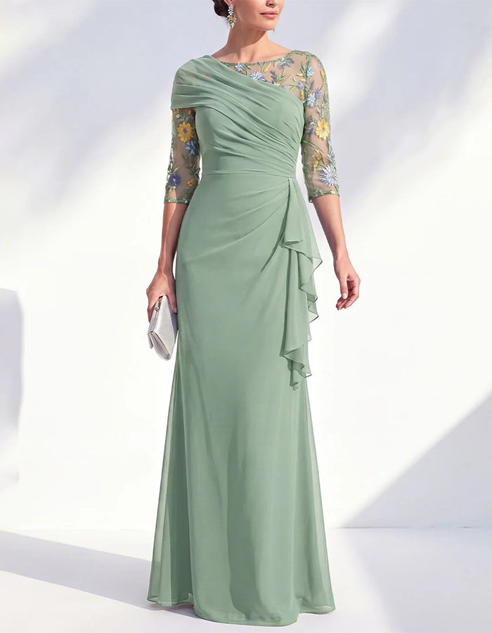 Sage Green Floral Embroidered Illusion Sleeve Chiffon Maxi Dress