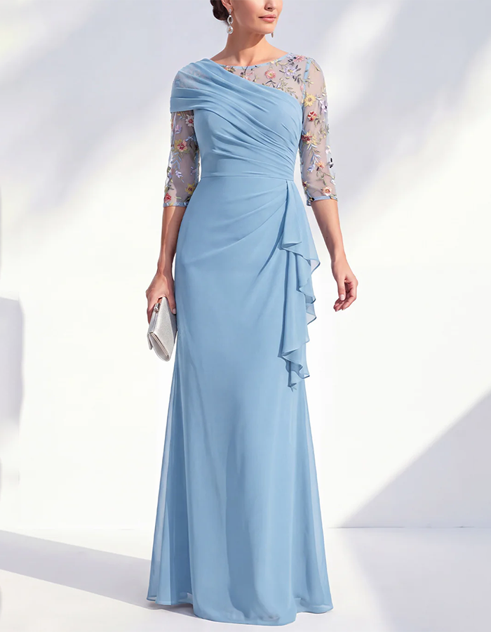 Sage Green Floral Embroidered Illusion Sleeve Chiffon Maxi Dress