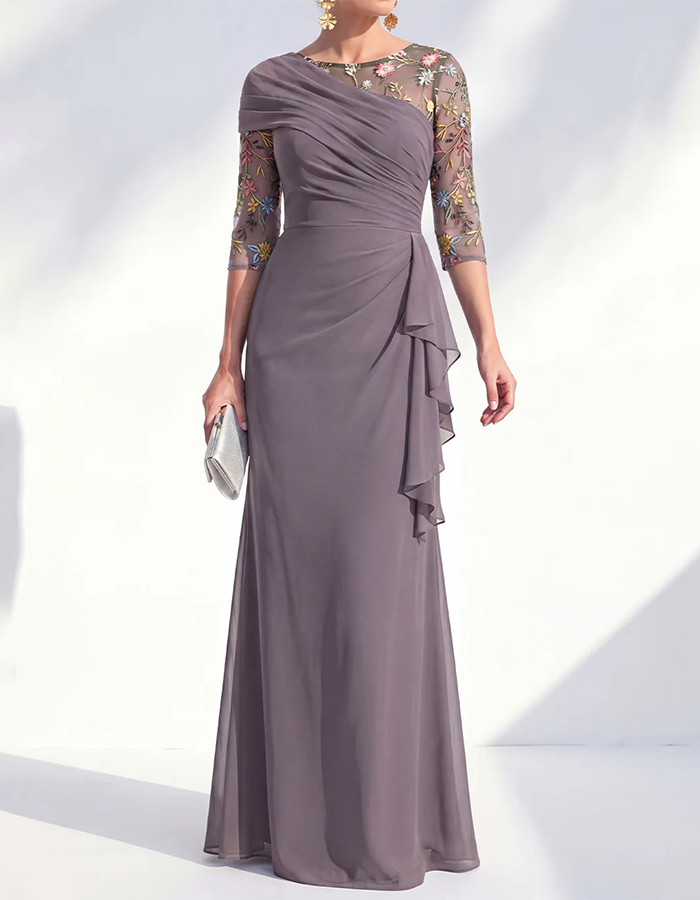 Sage Green Floral Embroidered Illusion Sleeve Chiffon Maxi Dress
