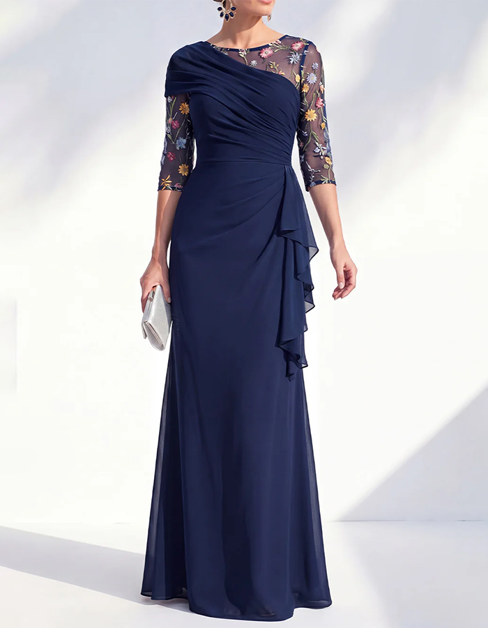 Sage Green Floral Embroidered Illusion Sleeve Chiffon Maxi Dress