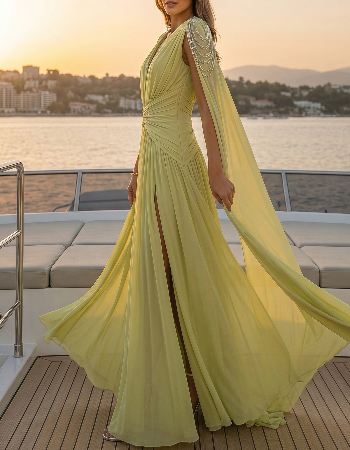 Robe longue en mousseline vert jaune clair à col en V profond et épaulettes diamantées