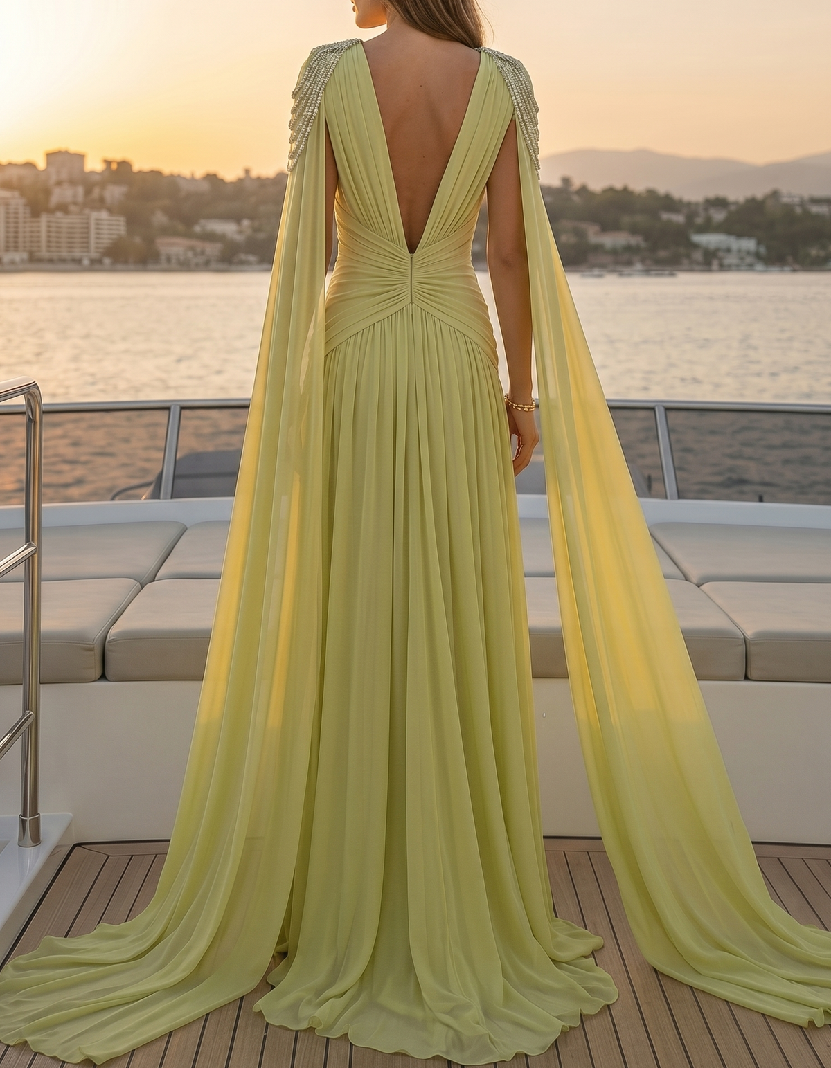 Robe longue en mousseline vert jaune clair à col en V profond et épaulettes diamantées