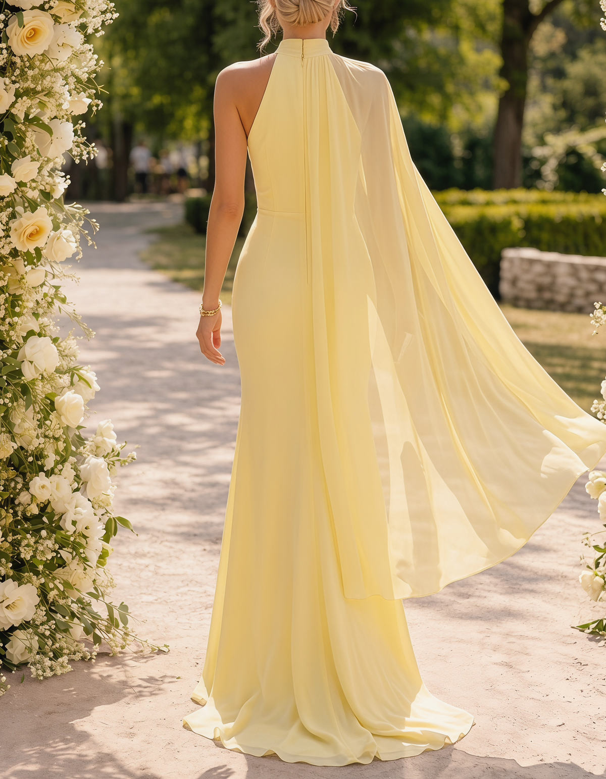 Hellgelbes Chiffon-Maxikleid mit Neckholder, Band und Fischschwanz