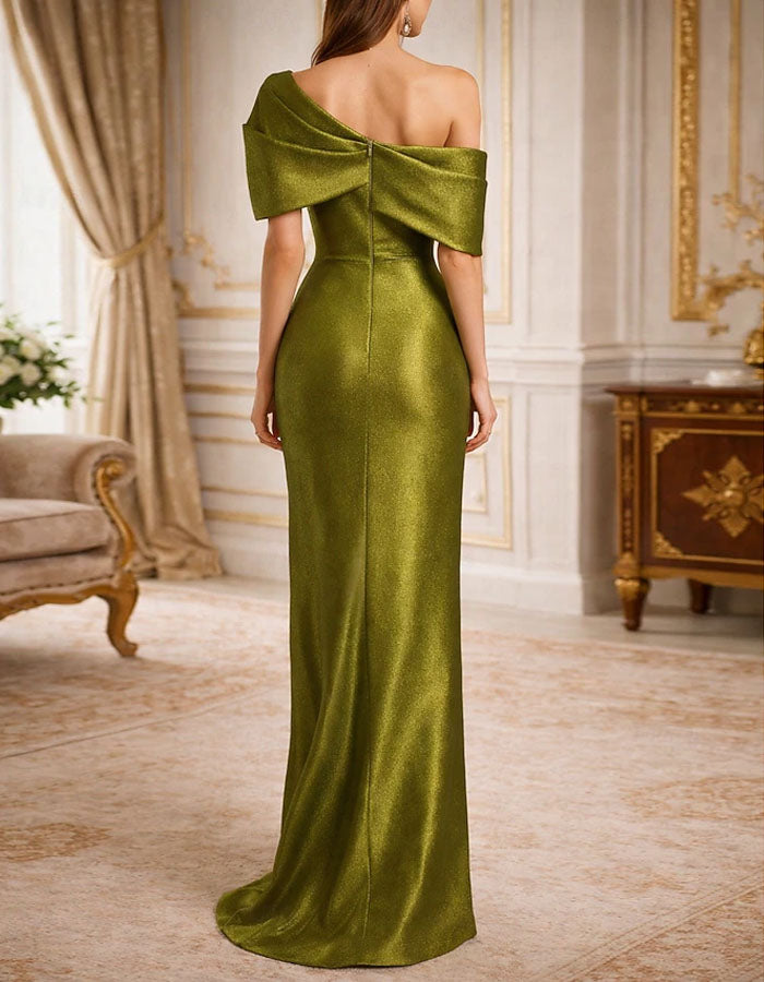 Einfarbiges Maxikleid aus metallischem Satin, schulterfrei