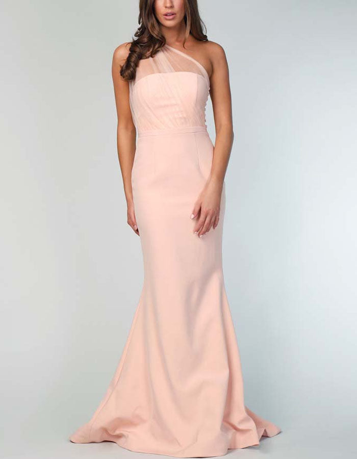 Vestido maxi rosa con un solo hombro de tul  