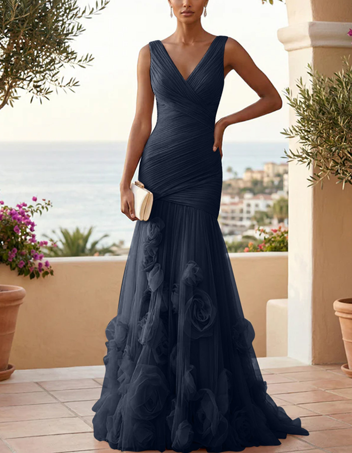 Vestido maxi de malla con rosas 3D y cuello en V de color sólido  