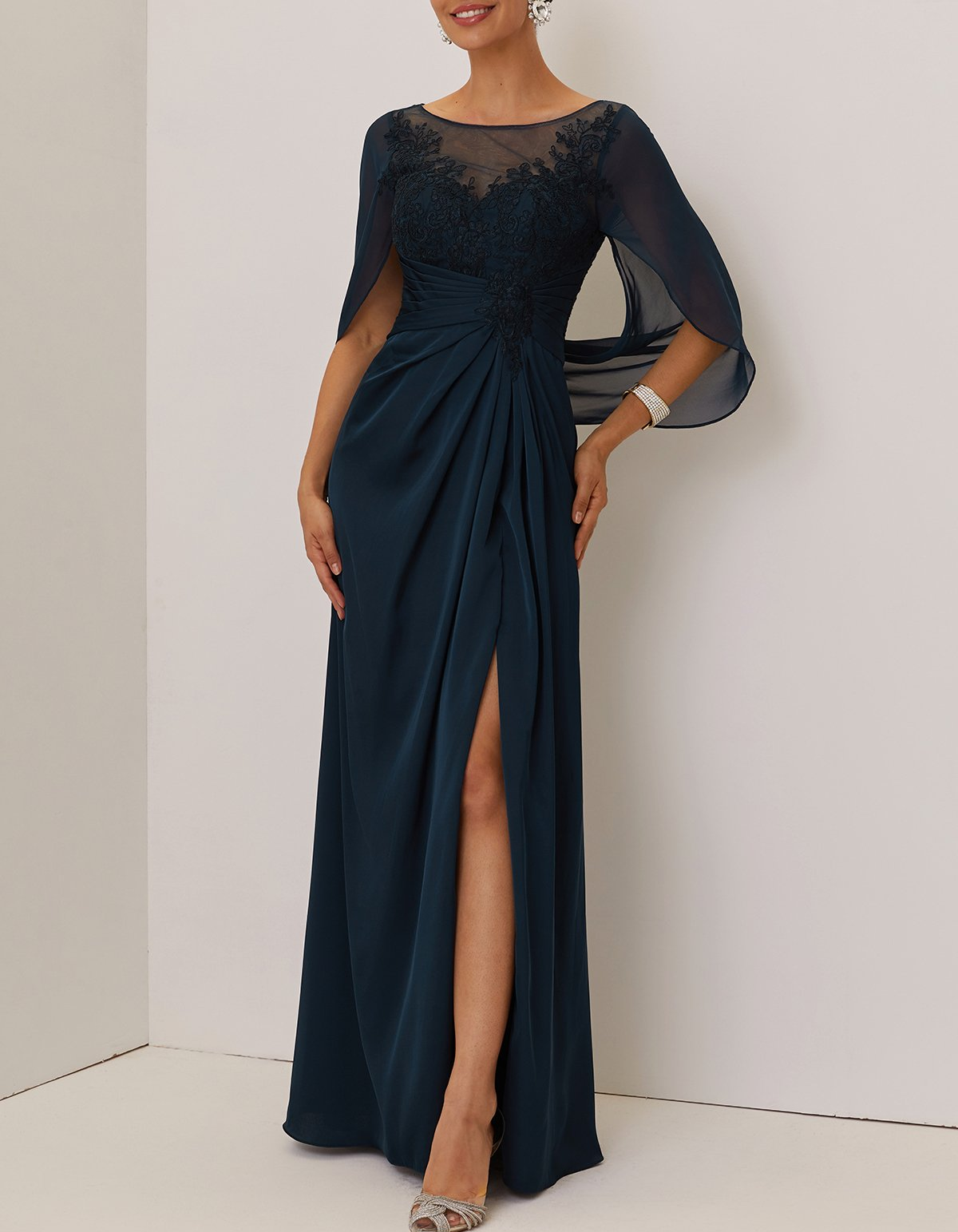 Navy Blue Chiffon Lace Waist-cinching Slit Maxi Dress