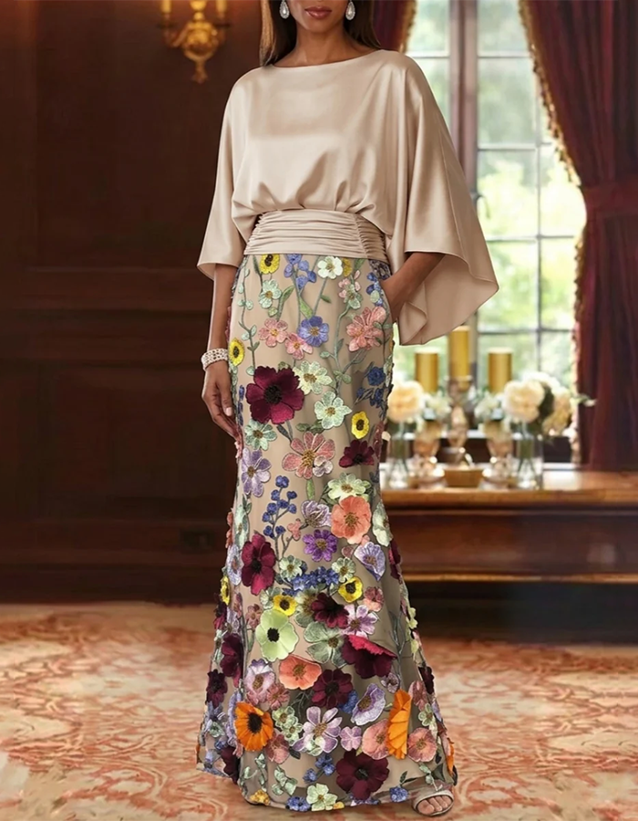 Champagne Satin Capelet & Colorful 3D Floral Mermaid Maxi Dress