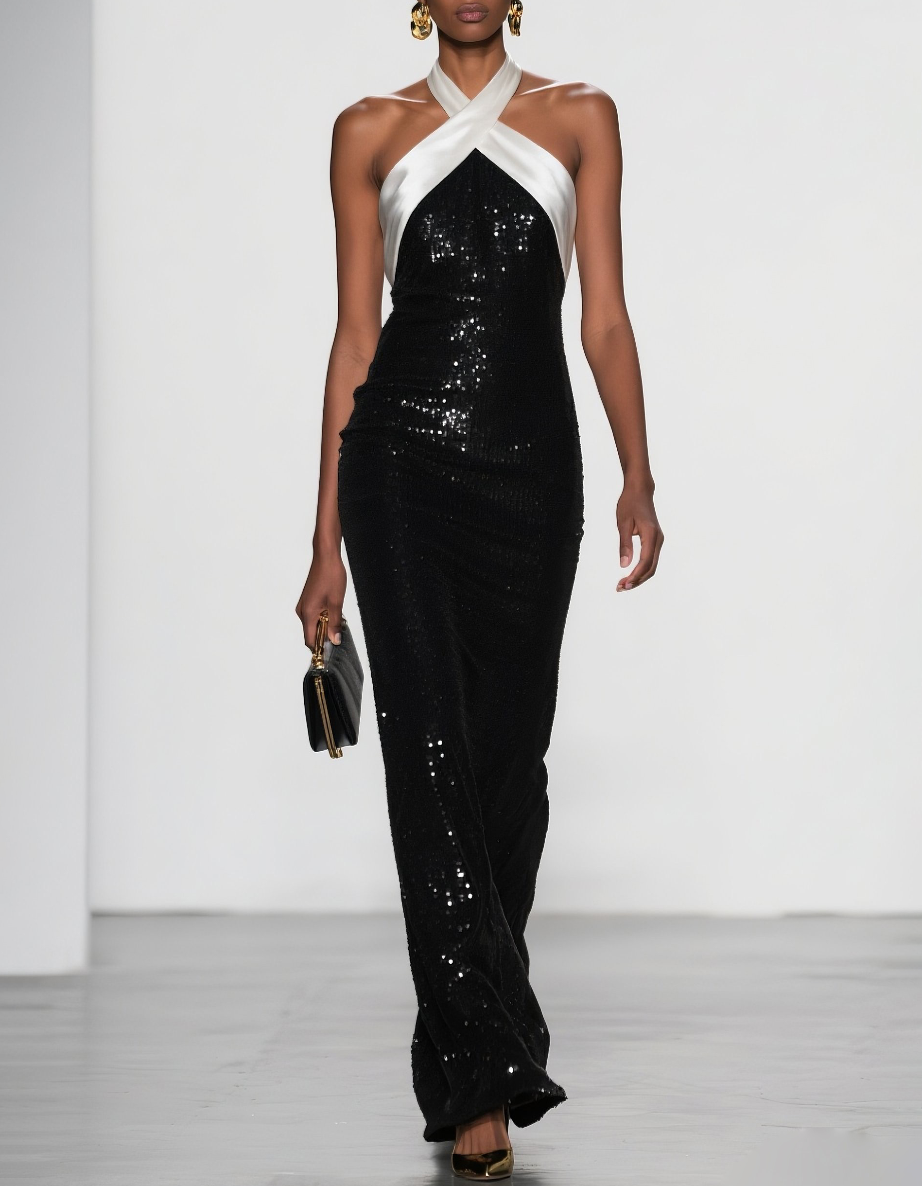 Black Sequined White Satin Halter-Neck Maxi Dress