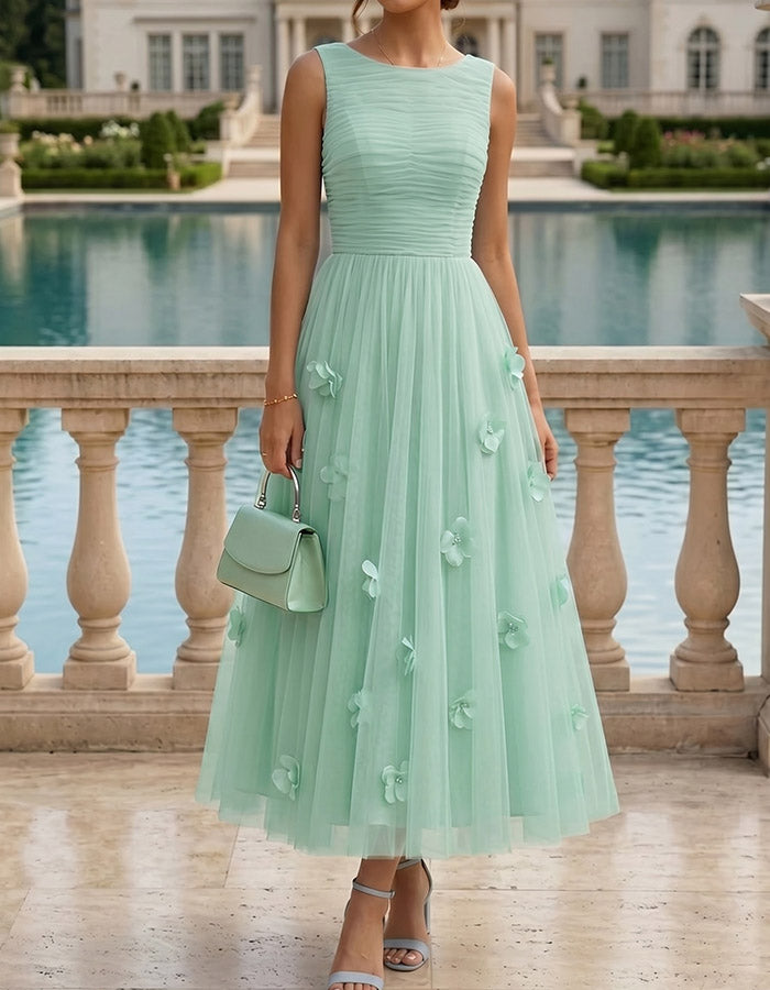 Light Blue Sleeveless Ruched Tulle with 3D Floral Appliqués Midi Dress
