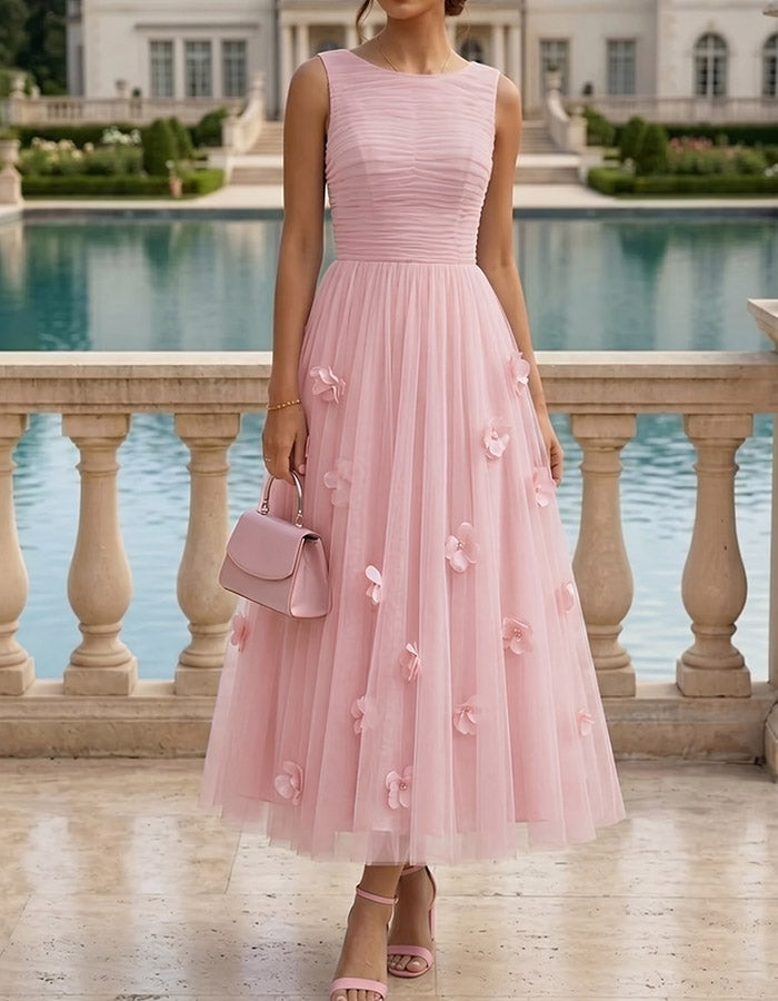 Light Blue Sleeveless Ruched Tulle with 3D Floral Appliqués Midi Dress