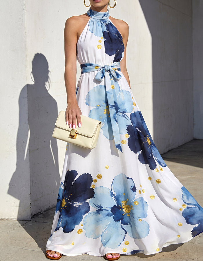 Vestido Maxi Floral em Aquarela com Decote Halter Branco
