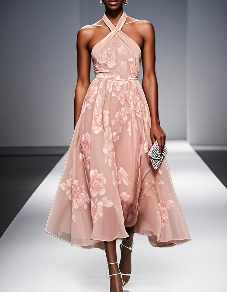 Chiffon Floral Print Halter Neck A-line Midi Dress
