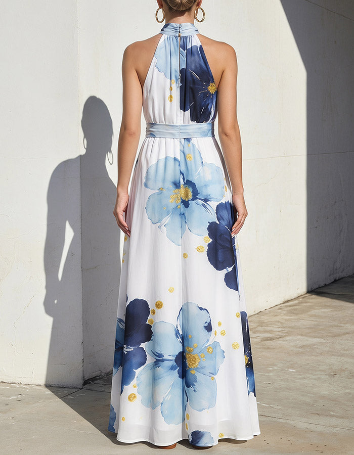 Weißes Maxikleid mit Neckholder und Aquarell-Blumenmuster