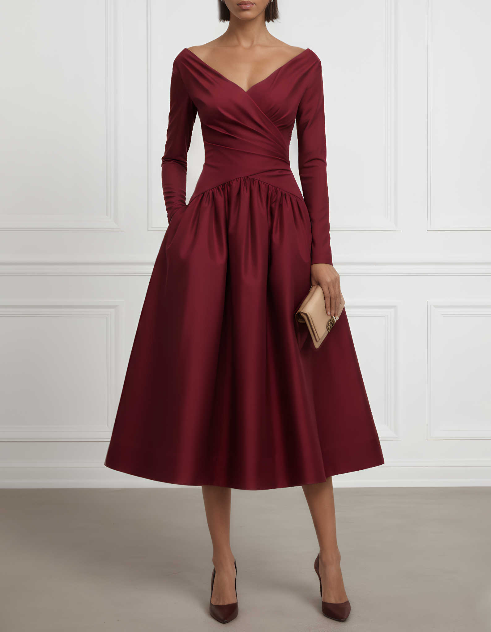 Retro Red Satin Off-Shoulder Fitted Waist Midi Dress