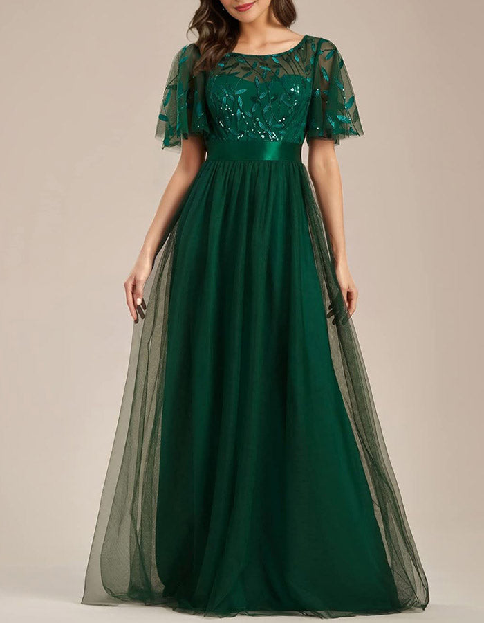 Emerald Green Leaf-Embroidered Tulle Maxi Dress