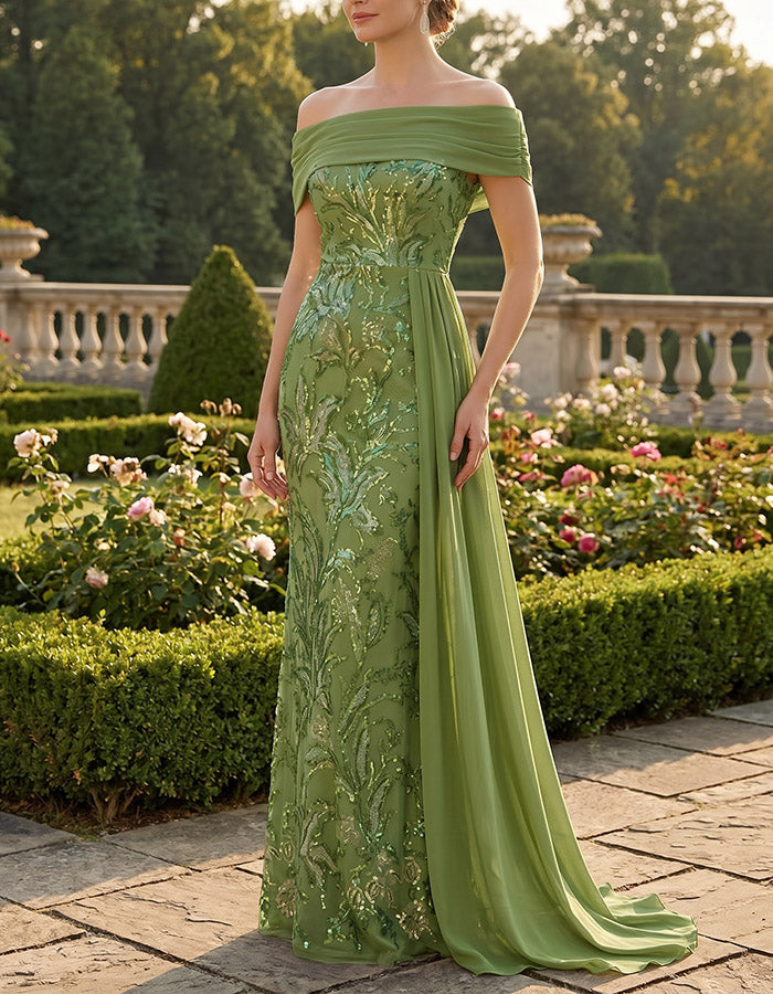 Abito lungo da sirena verde oliva con paillettes ricamate e scollo a barca