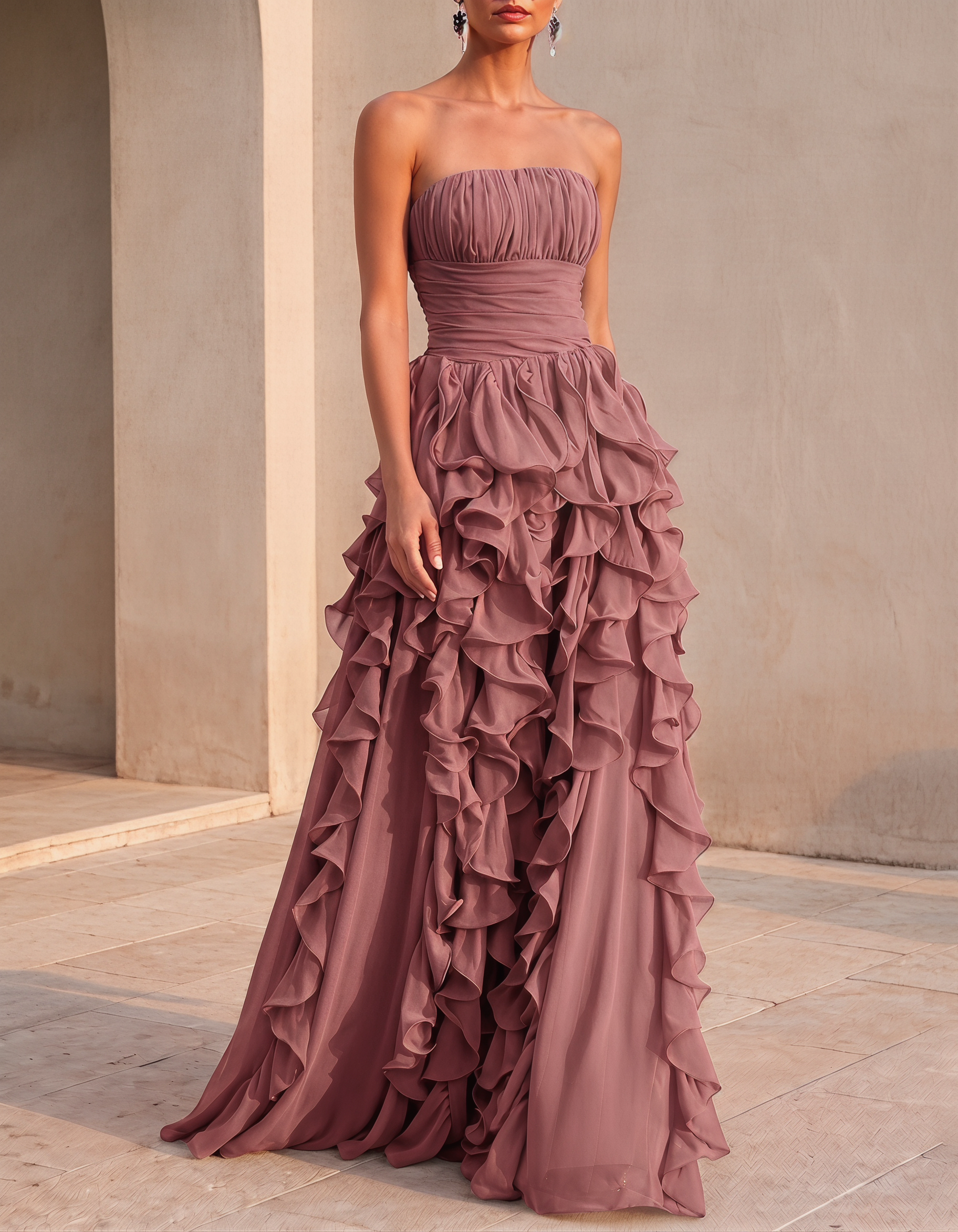 Chiffon Strapless Tiered Ruffles Maxi Dress
