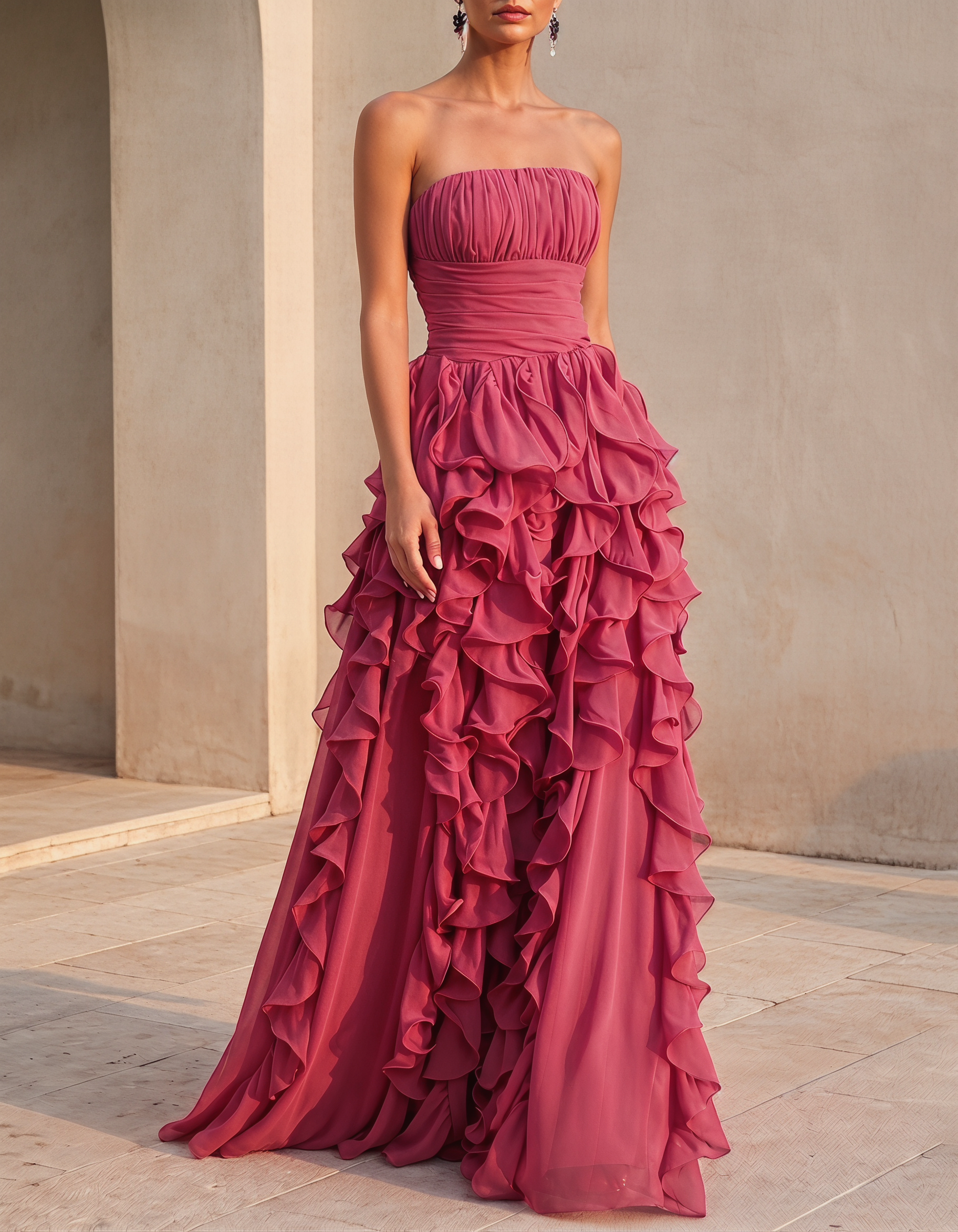 Chiffon Strapless Tiered Ruffles Maxi Dress