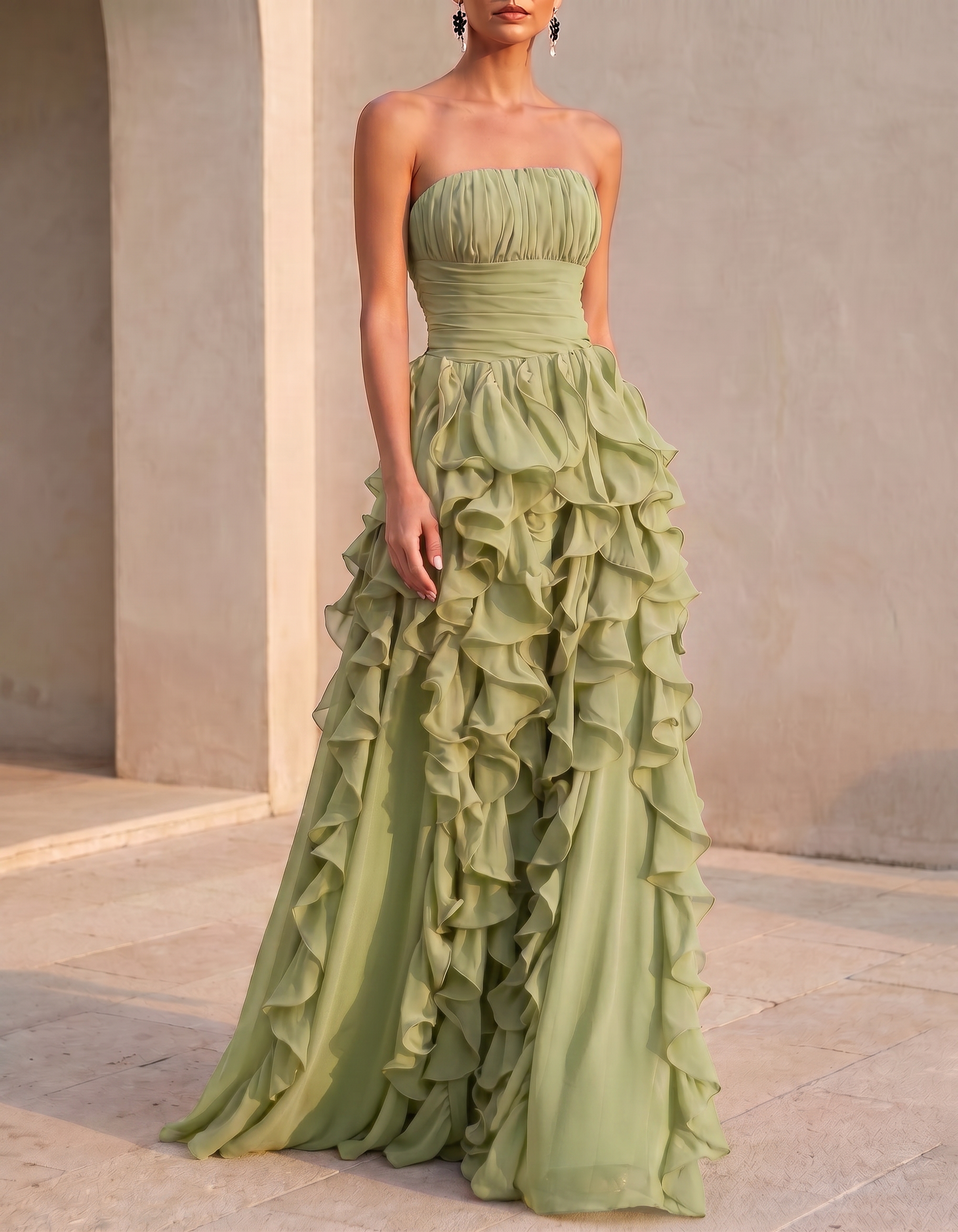 Chiffon Strapless Tiered Ruffles Maxi Dress