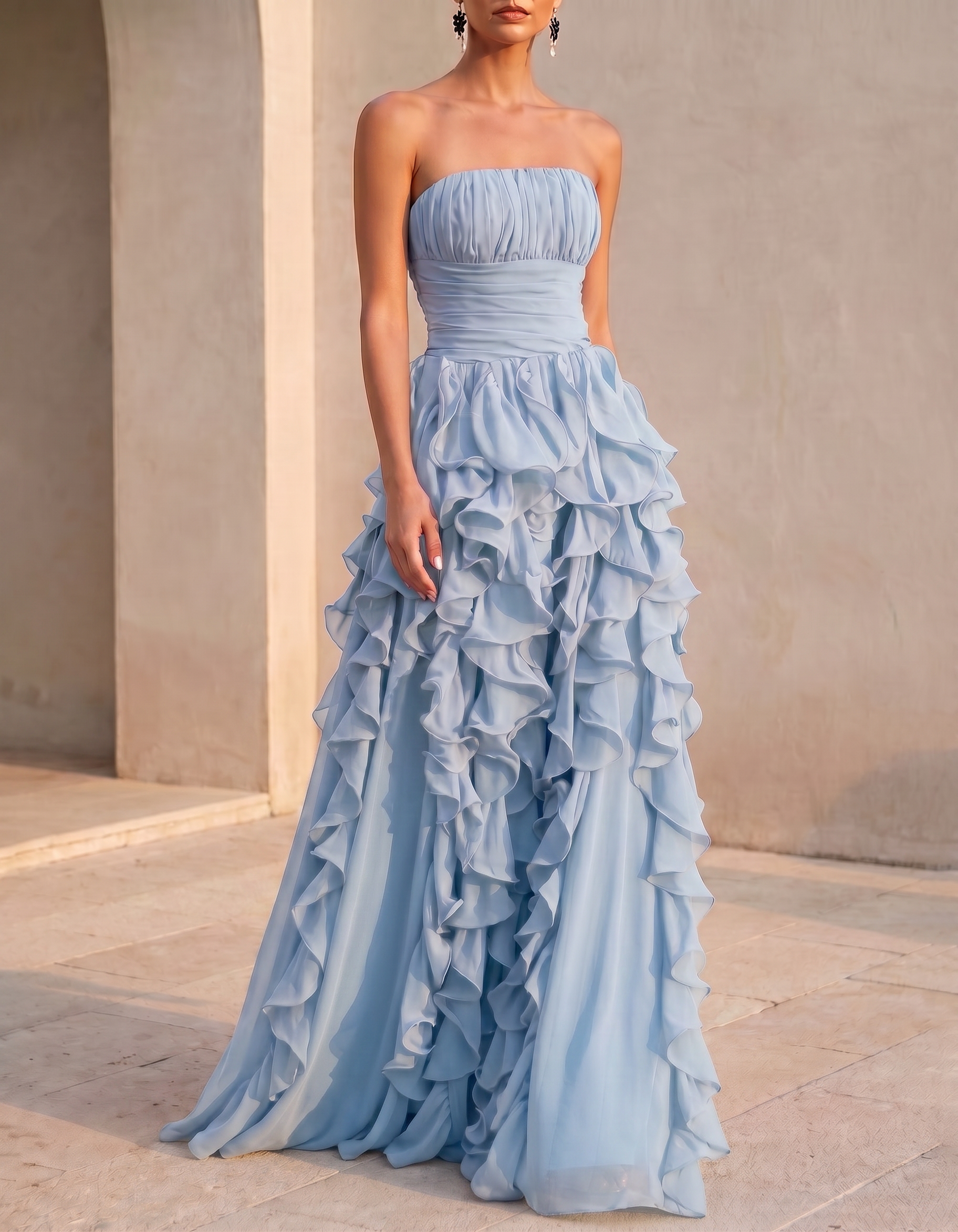 Chiffon Strapless Tiered Ruffles Maxi Dress