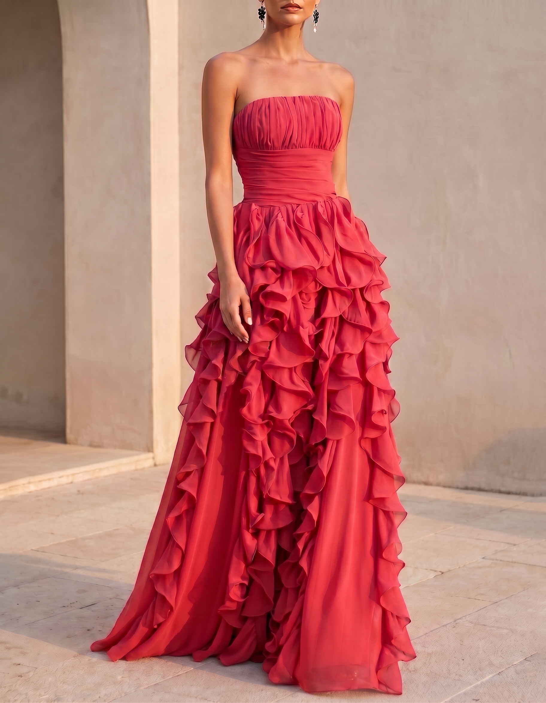 Chiffon Strapless Tiered Ruffles Maxi Dress
