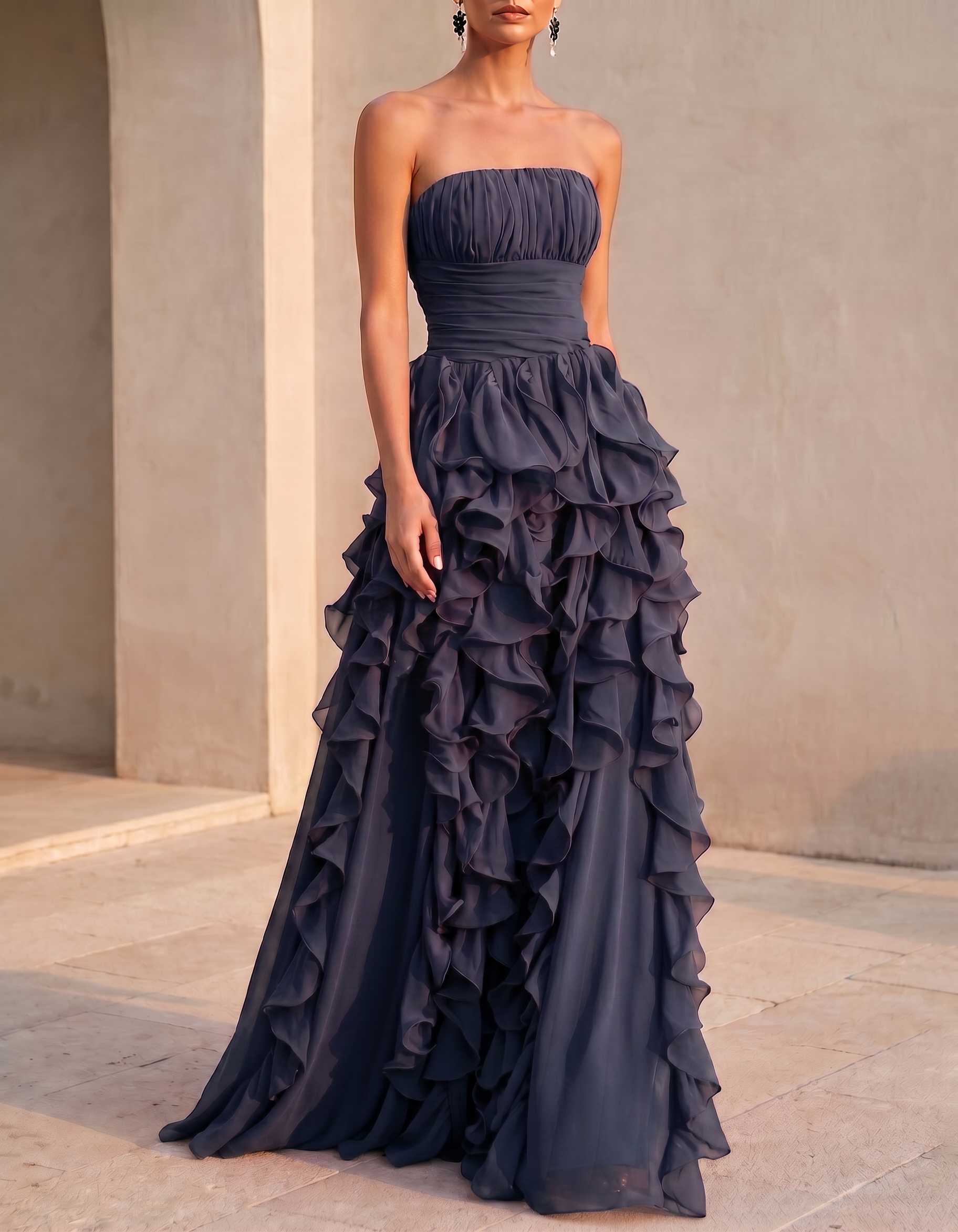 Chiffon Strapless Tiered Ruffles Maxi Dress