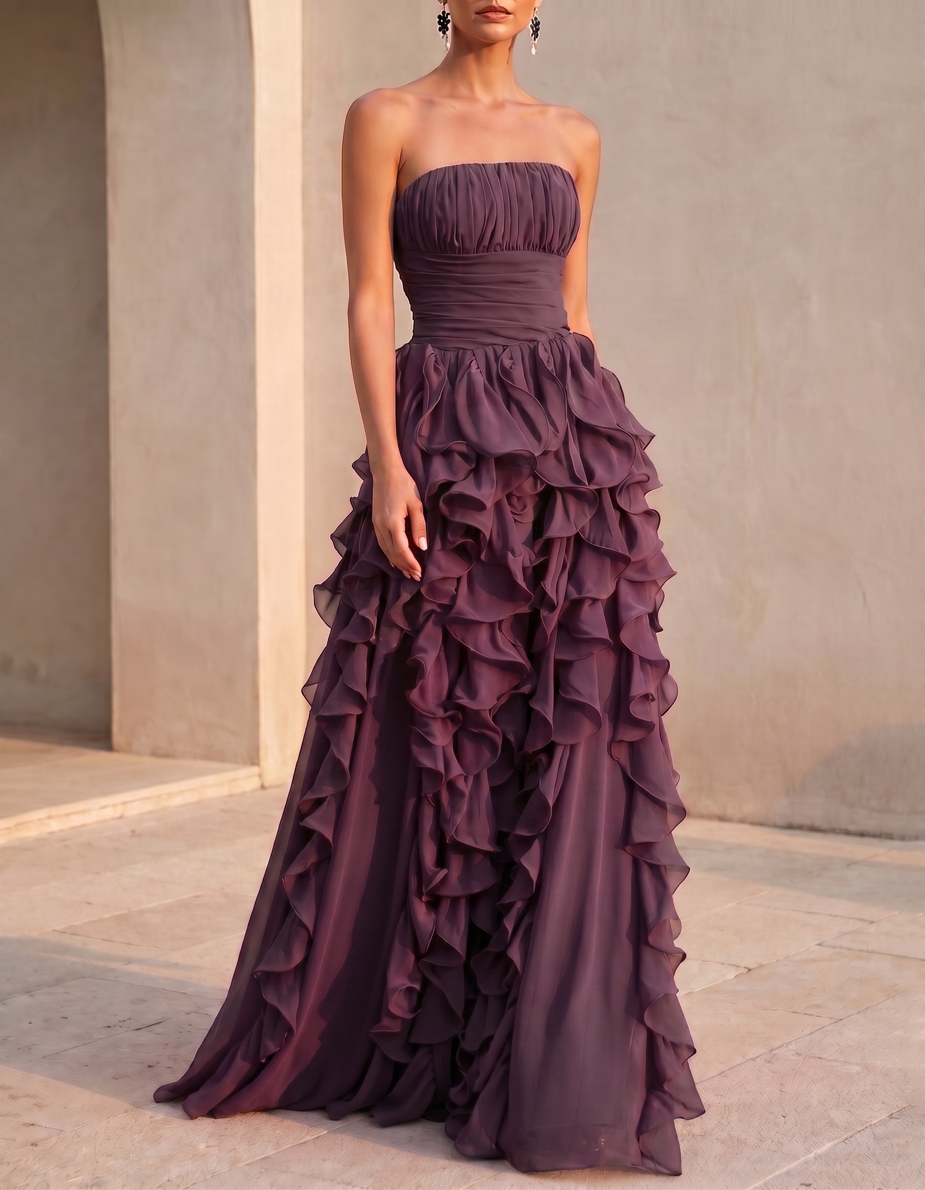 Chiffon Strapless Tiered Ruffles Maxi Dress