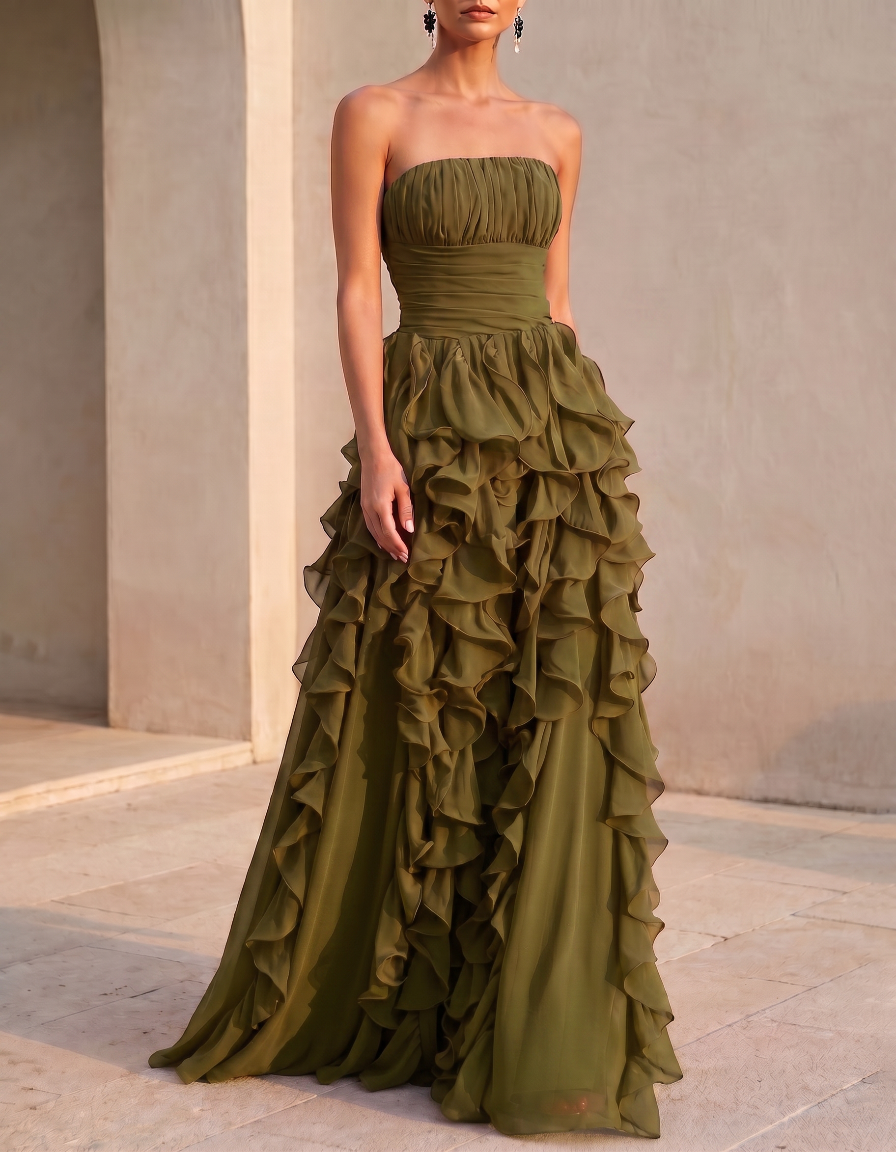 Chiffon Strapless Tiered Ruffles Maxi Dress