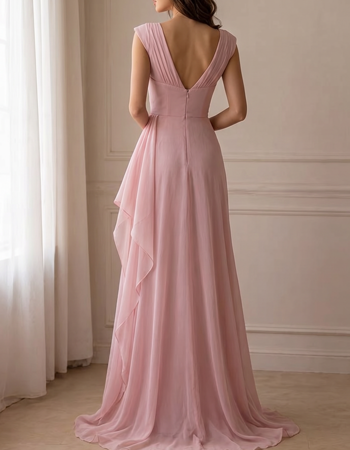שמלת מקסי שיפון בצבע ורוד חיוור עם Draped
