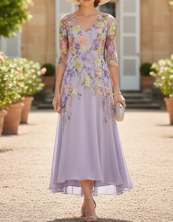 Light Purple Chiffon Lace Embroidered V-Neck Maxi Dress