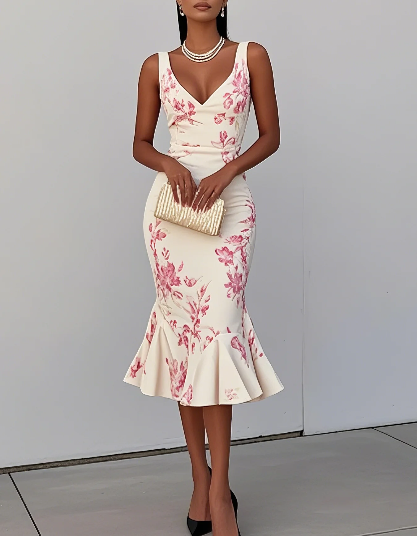Matte Satin Printed V-Neck Spaghetti Strap Fishtail Midi Dress