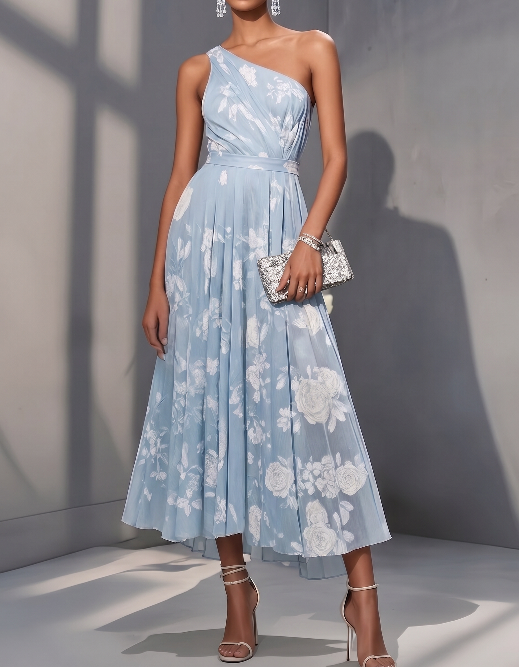 Light Blue Chiffon Floral Print One-Shoulder A-line Midi Dress