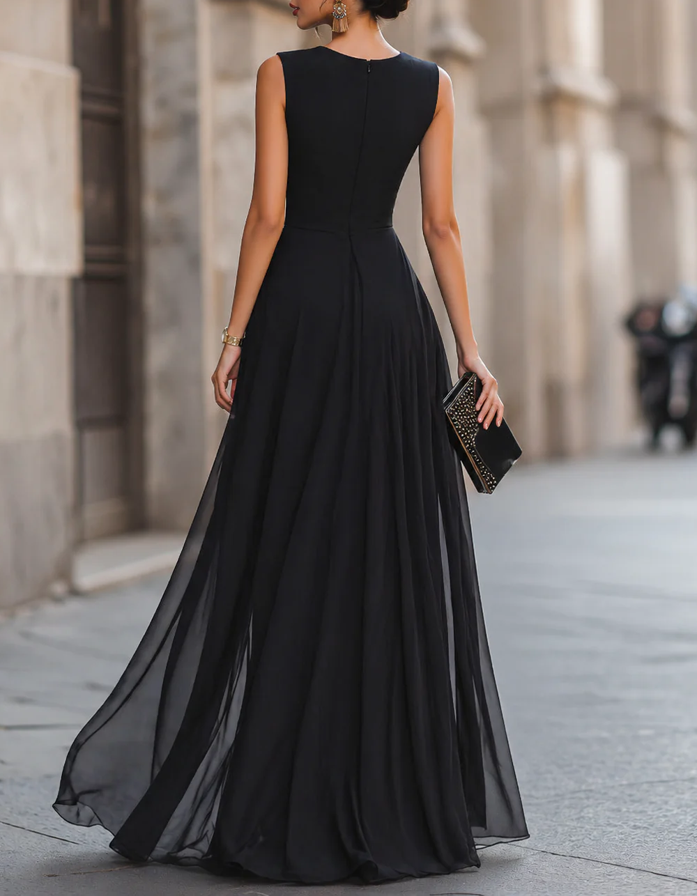 Black Chiffon Round Neck Sleeveless Slit Maxi Dress