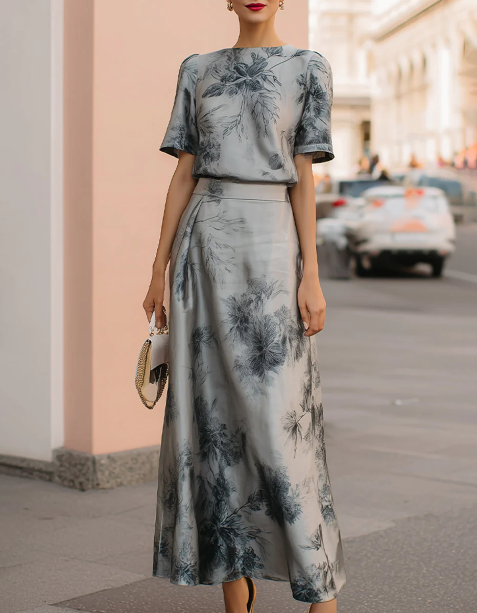 Light Gray Matte Satin Floral Print Maxi Dress
