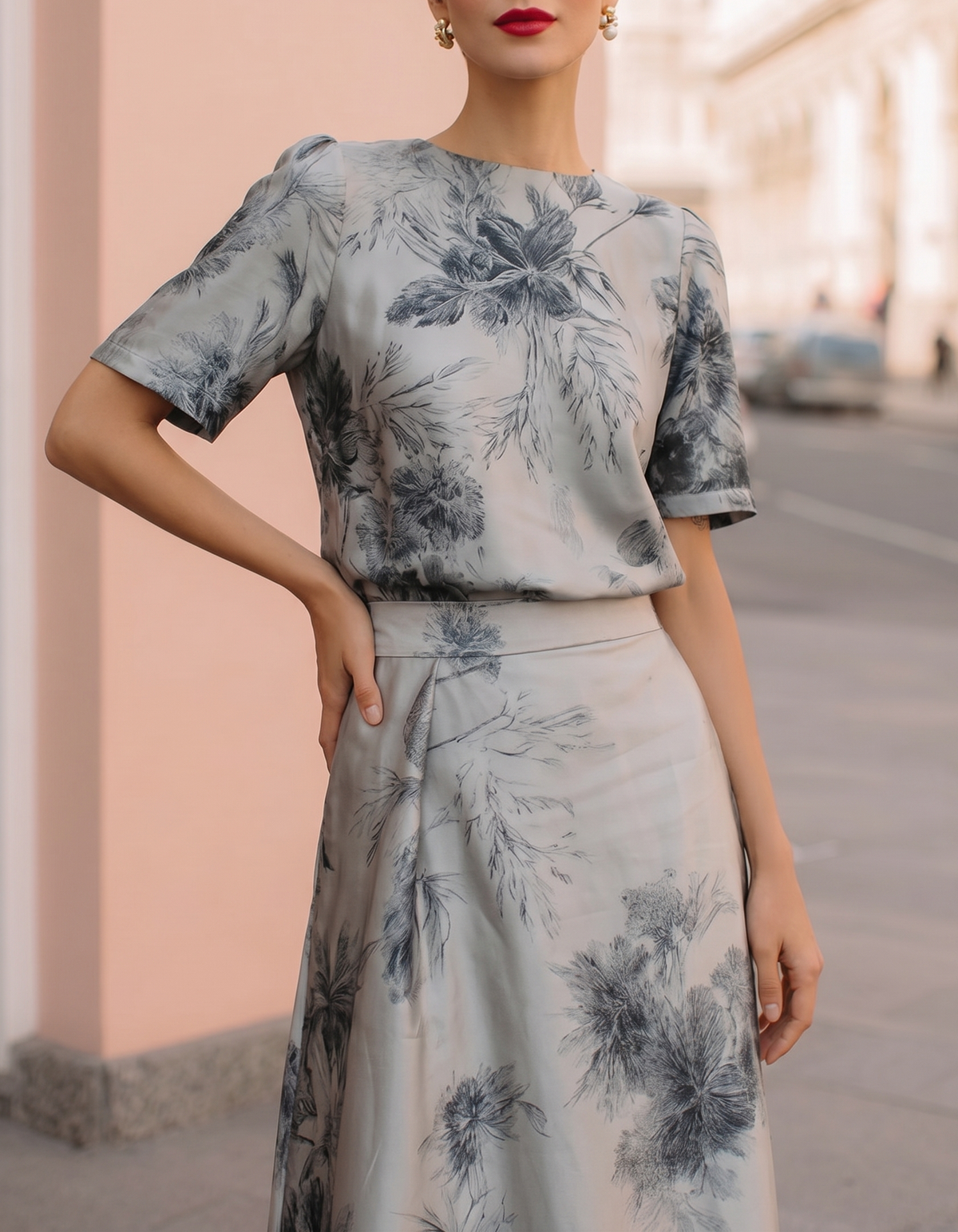 Hellgraues mattes Satin-Maxikleid mit floralem Print