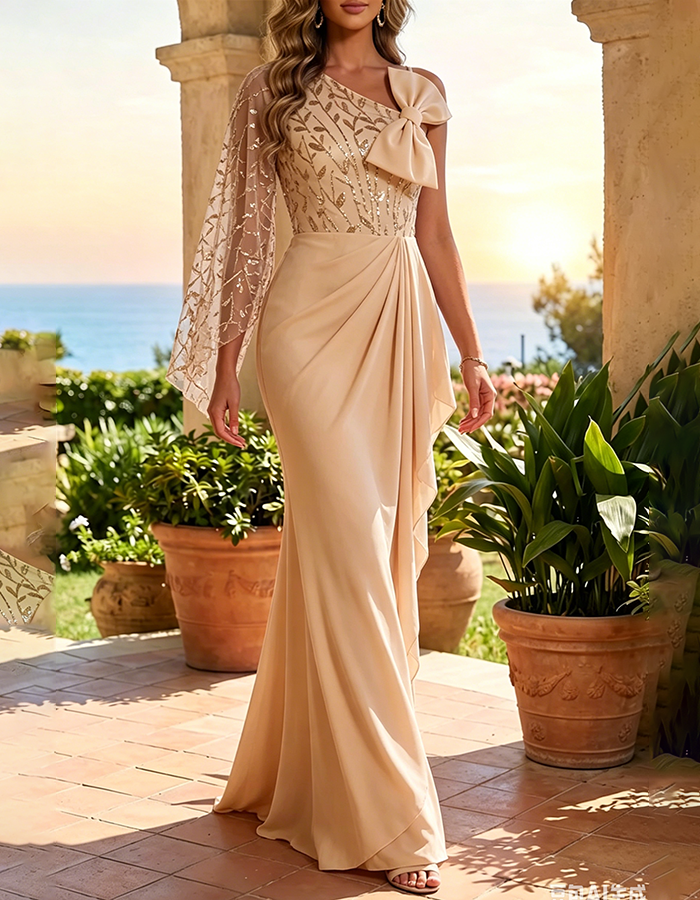 Vestido de Noite de Lantejoulas e Chiffon Champagne com Um Ombro Só