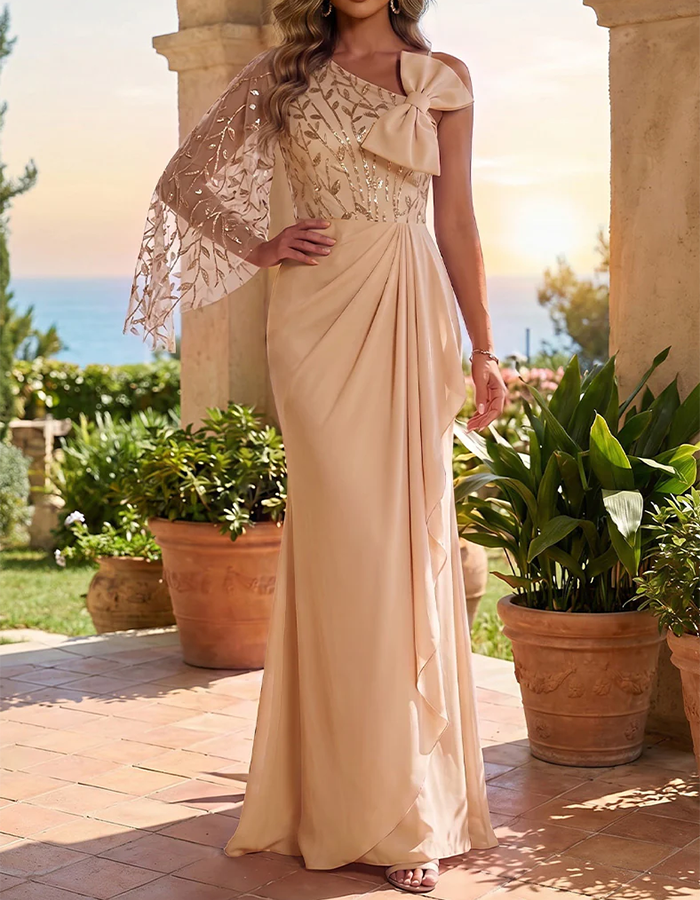 Champagne One-Shoulder Sequin & Chiffon Evening Dress