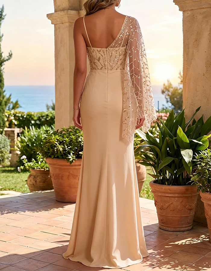 Vestido de Noite de Lantejoulas e Chiffon Champagne com Um Ombro Só
