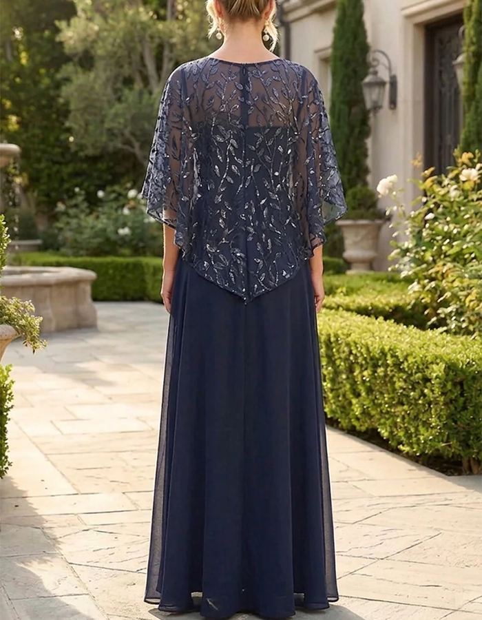 Vestido largo sirena ilusión azul polvoriento con cuello y flores de cuentas