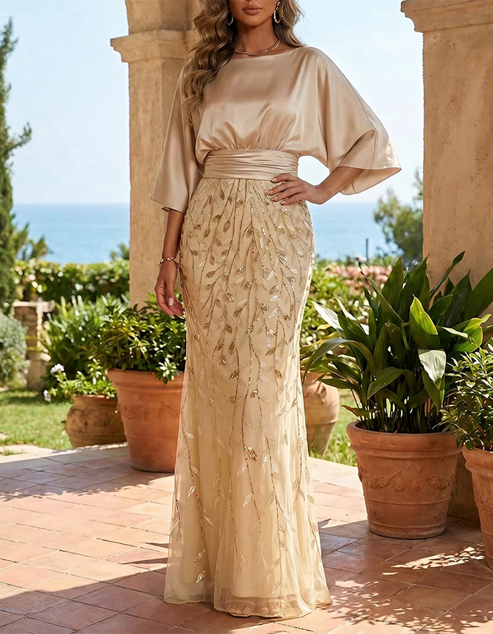 Champagne Satin & Sequin-Embroidered Mermaid Maxi Dress