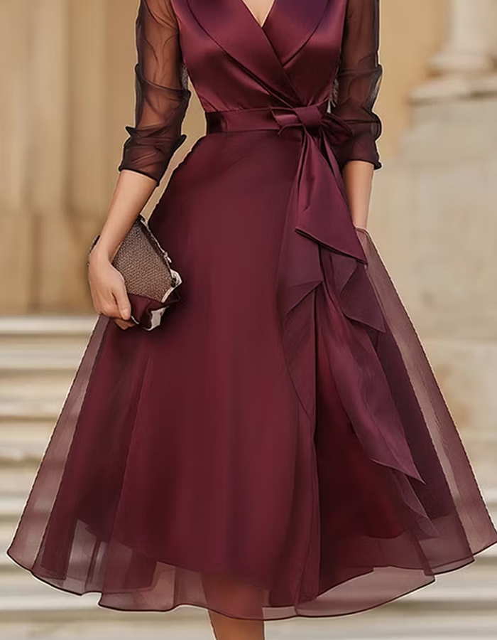 Abito midi in tulle satinato bordeaux
