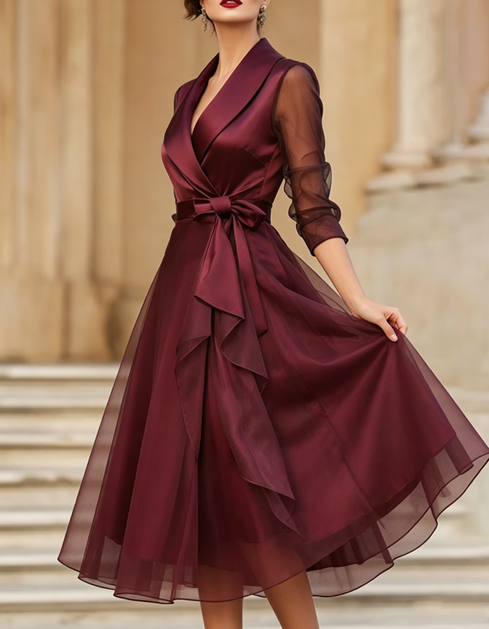 Vestido midi de tul satinado burdeos