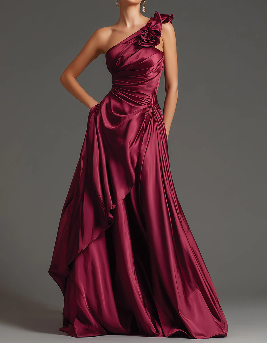 Rose Red Satin One-Shoulder Floral Fitted Waist Maxi Dress