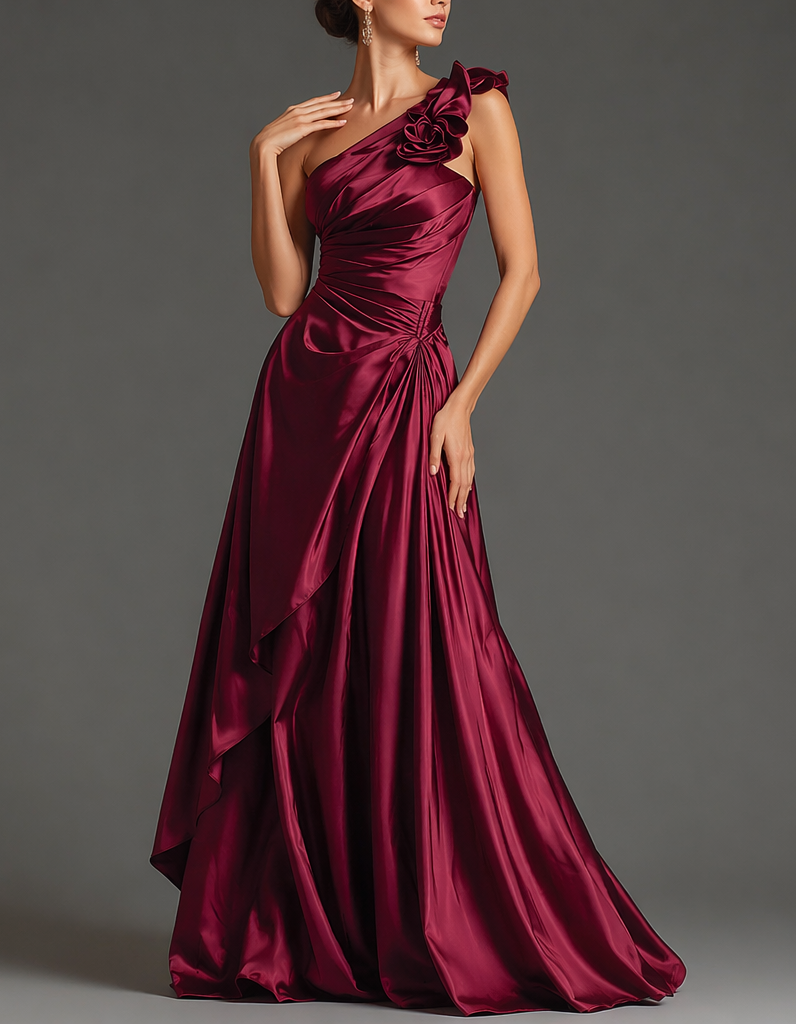 Vestido largo de satén rojo rosa con un hombro, estampado floral y cintura ajustada