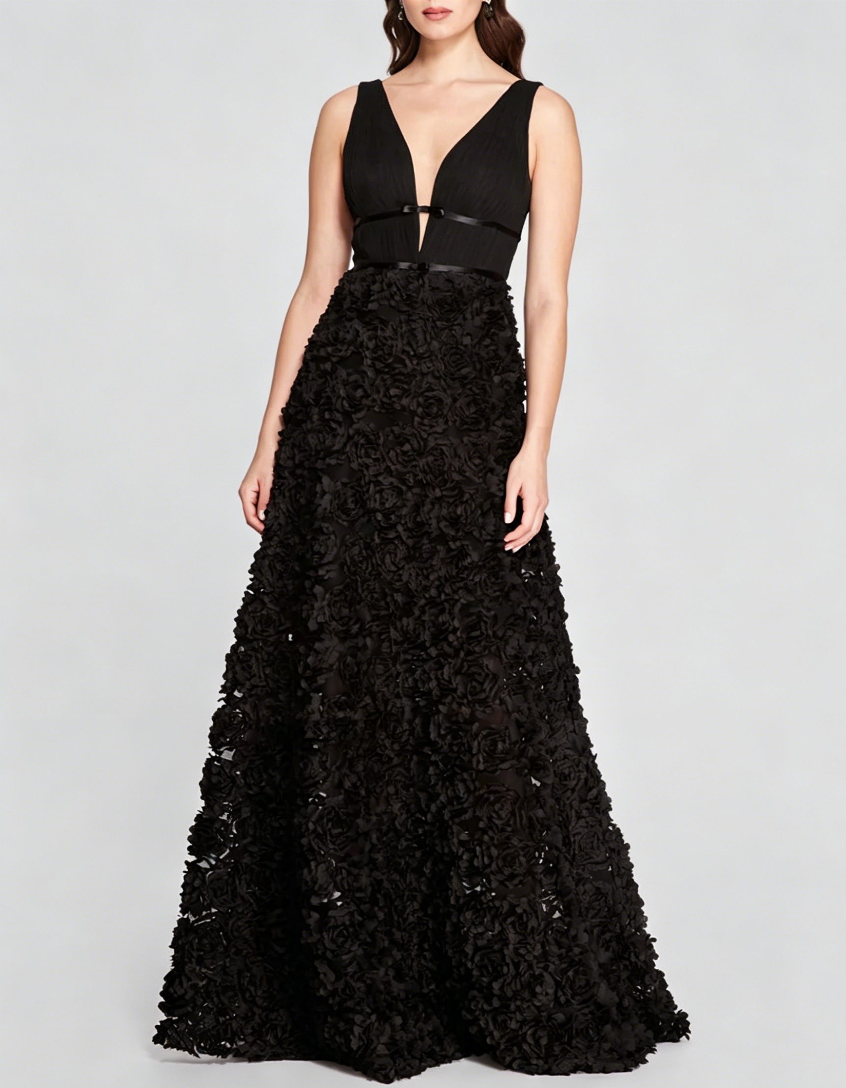 Black Chiffon Floral Mesh Fitted Waist A-line Maxi Dress