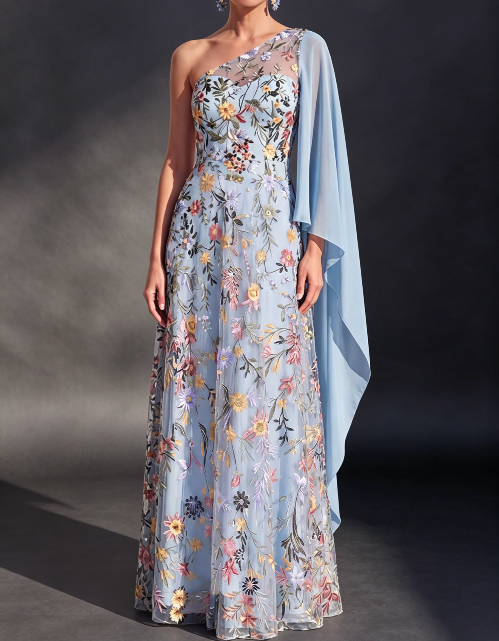 One-Shoulder Chiffon Lace Embroidered Mesh Maxi Dress
